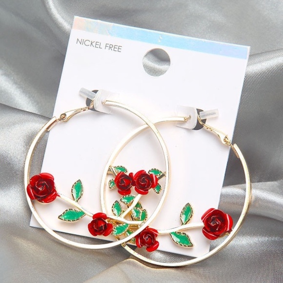 **LYRA* Gold x Red Rose Fashion Hoop Earrings - Picture 1 of 4